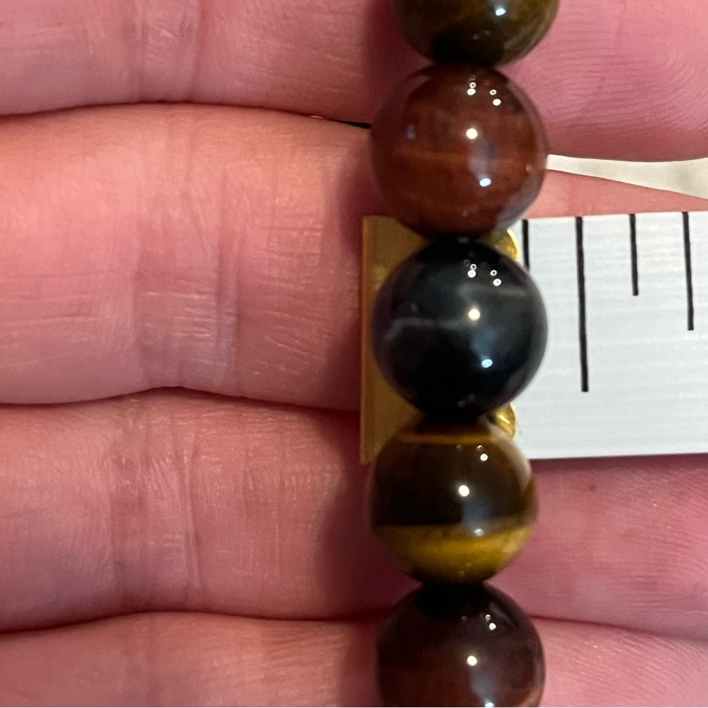 Triple Tigers Eye Stretch Bracelet Yellow Red Blue Tigers Eye Bracelet 14mm Bead - Picture 4 of 10